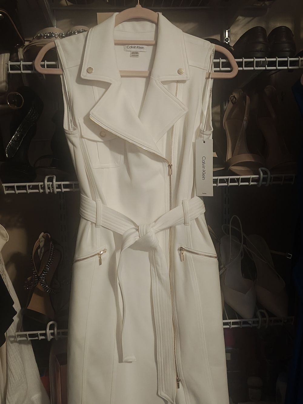 Calvin Klein White Sleeveless Moto-Style Dress with Zip Details and Belt